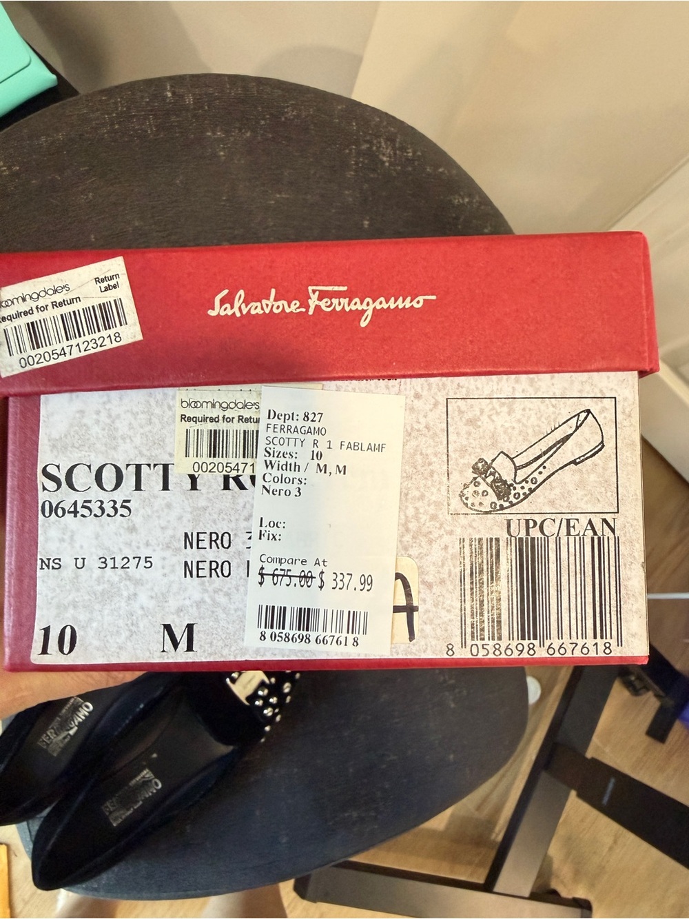 Salvatore Ferragamo Black Velvet Studded Bow Flats with Metallic Logo - Picture 9 of 9